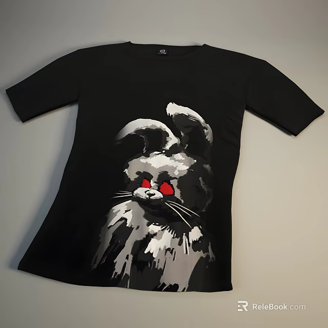 Stylish Black T-shirt With Cat Design Featuring Rabbit Ears And Red Eyes 3d model 