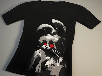 Stylish Black T-shirt With Cat Design Featuring Rabbit Ears And Red Eyes 3d model