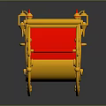 Red And Gold Decorative Sleigh With Curved Frame Red Seat Gold Lanterns And Reflection