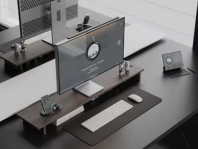 Modern Computer Desktop Setup With Monitor Keyboard Mouse And Headphones 3d model