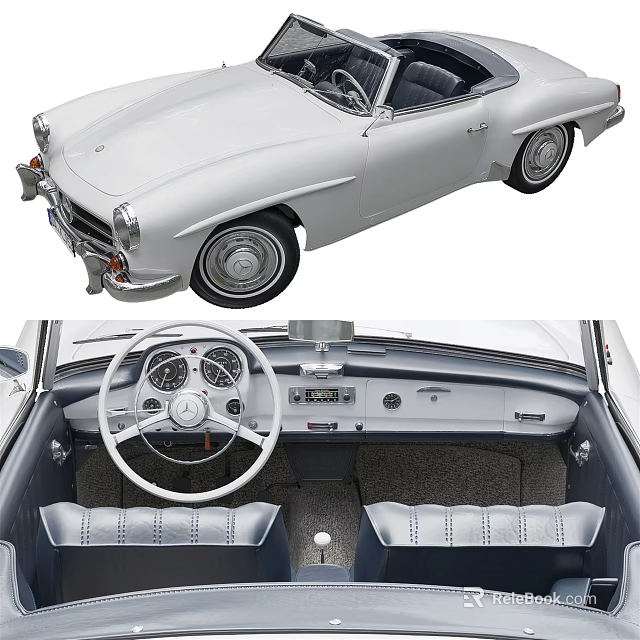 Vintage Silver Car With Classic Interior Steering Wheel Dashboard And Seats 3d model 