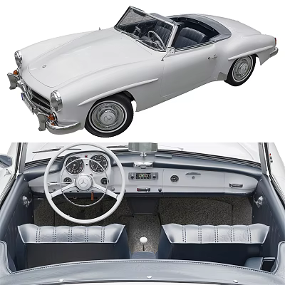Vintage Silver Car With Classic Interior Steering Wheel Dashboard And Seats 3d model