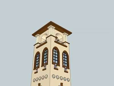 Traditional Tower Architecture With Brown Roof Beige Body Arched Windows And Circular Decorations 3d model