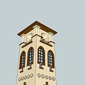 Traditional Tower Architecture With Brown Roof Beige Body Arched Windows And Circular Decorations