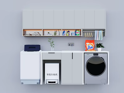 Functional Home Balcony With Washing Machine Dryer Storage Cabinets Cleaning Supplies And Plants 3d model