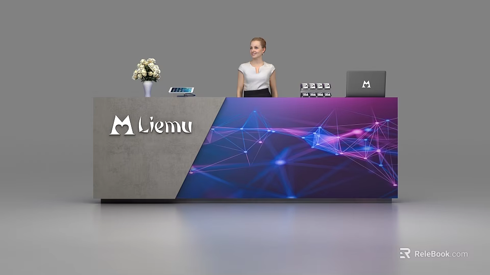 Modern Reception Desk Design With Liemu Logo Flower Tablet And Digital Network Pattern 3d model