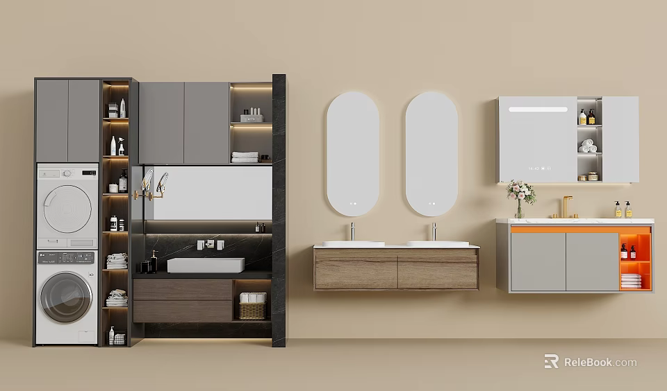 Modern Bathroom Combination With Double Mirrors Vanities And Storage Cabinets 3d model