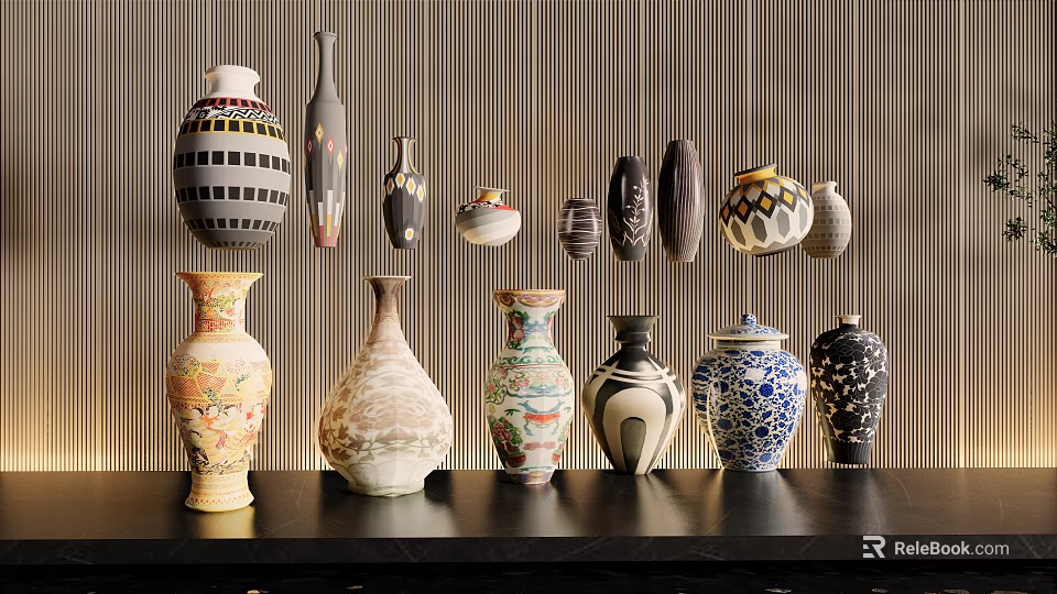 Ceramic Vessels Showcasing Various Artistic Patterns and Decorative Shapes on 3d model 