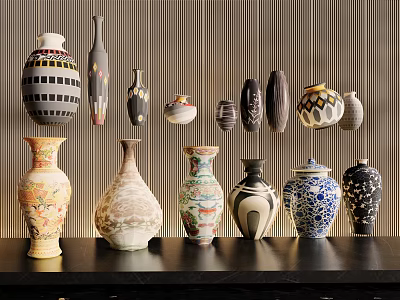 Ceramic Vessels Showcasing Various Artistic Patterns and Decorative Shapes on 3d model