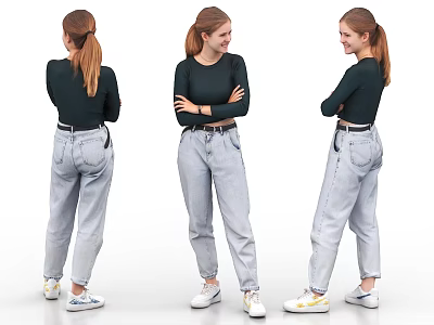Young Woman in Three Angles with Dark Green Top Light Blue Jeans and White Sneakers 3d model