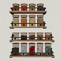 Transparent Glass Jars With Beans Grains Spices On Multi Layer Wooden Shelves Light Wall Background