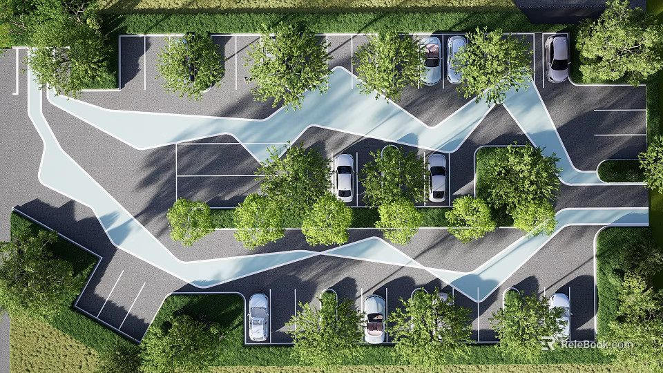 Optimized Parking Lot Layout With Curved Paths Trees And Parked Cars 3d model 