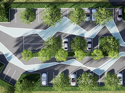 Optimized Parking Lot Layout With Curved Paths Trees And Parked Cars 3d model