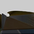 Curved Orange Landscape Bridge With White Railings And Wooden Deck Over Water In Green Surroundings