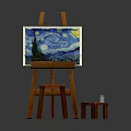 Wooden Art Easel Displaying Starry Night Painting with Small Stool and Paint Palette