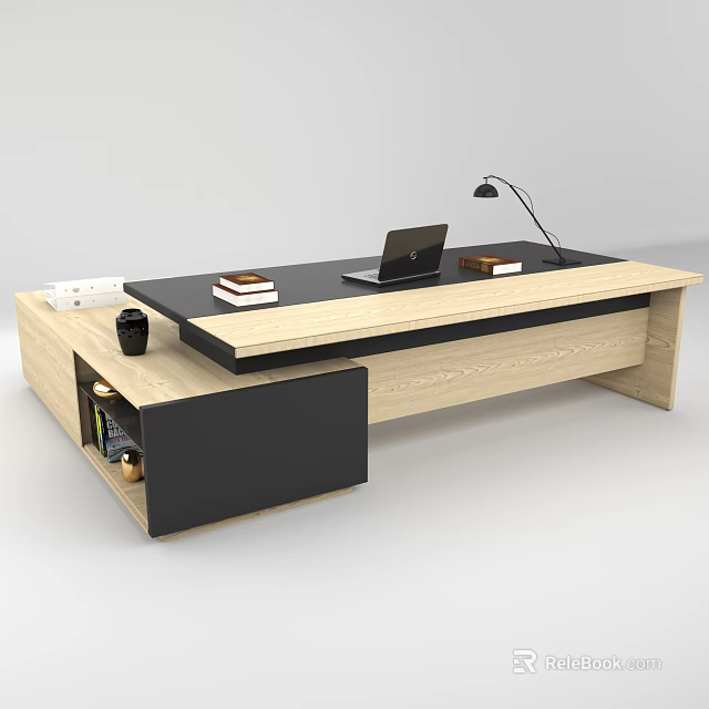 Modern Office Desk With Wooden Top Black Panel Storage Shelf Laptop Books And Desk Lamp 3d model 