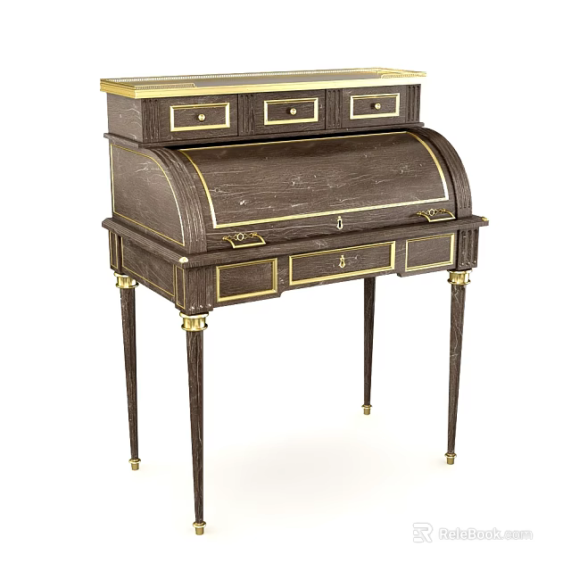 Antique Dark Wood Vanity With Gold Accents Curved Top And Slender Legs 3d model 