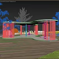 Modern Plaza Landscape With Illuminated Colorful Screens White Structure Wooden Deck And Green Trees