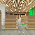 Modern Retail Store Interior Design With Wooden Ceiling Glass Doors Green Walls And Display Shelves