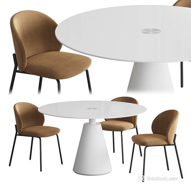 Modern White Round Dining Table Set with Brown Chairs and Black Legs 3d model