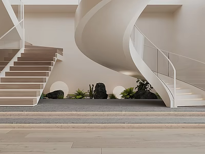 Modern White Spiral Staircase With Glass Railing And Green Plants In Minimalist Design 3d model