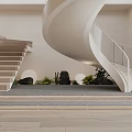 Modern White Spiral Staircase With Glass Railing And Green Plants In Minimalist Design