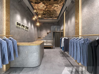 Modern Clothing Store Interior With Hanging Clothes Racks Counter And Decorative Ceiling 3d model