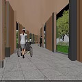 Modern Pergola Design With Wooden Beams Greenery And Pedestrians On Stone Walkway