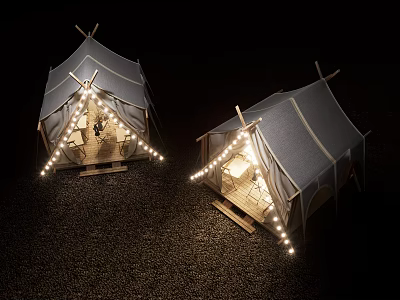 Cozy Canvas Tents Illuminated with String Lights on Gravel Ground at Night 3d model
