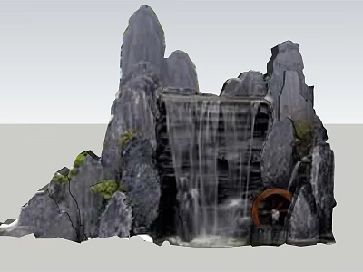 Garden Decorative Rockery Waterfall Feature With Small Waterwheel And Greenery 3d model