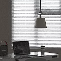 Modern Study Room Interior With White Desk Gray Chair Laptop Pendant Lamp And Window Blinds