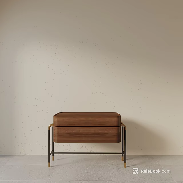 Modern Minimalist Wooden Nightstand With Drawer And Black Metal Legs 3d model 