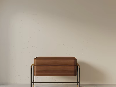 Modern Minimalist Wooden Nightstand With Drawer And Black Metal Legs 3d model