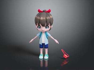 Cartoon Character With Brown Hair Red Bow Blue Outfit And Red Schoolbag In Green Sneakers 3d model