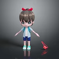 Cartoon Character With Brown Hair Red Bow Blue Outfit And Red Schoolbag In Green Sneakers