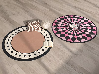 Round Rugs With Brown Center Pink Black Diamond Pattern And Decorative Edges On Wooden Floor 3d model