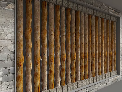 Rustic Wooden Vertical Strips Background Wall With Brick Wall Accent Design 3d model