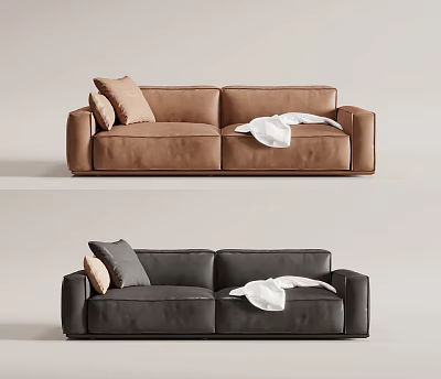 Modern Two Seater Sofa in Brown and Black with Decorative Pillows and Throw Blanket 3d model