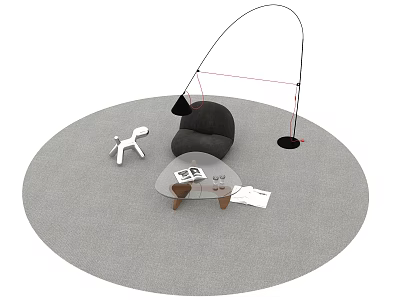 Modern Home Living Area With Grey Chair Floor Lamp Round Table And White Dog Figurine 3d model