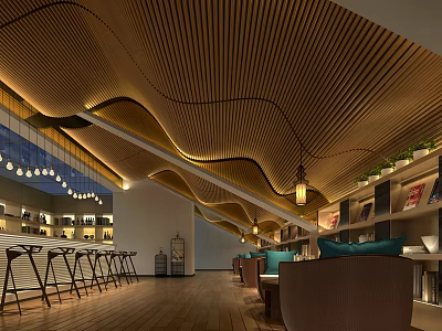 Cozy Modern Café Interior Featuring Wooden Ceiling Bar Counter Comfortable Seats And Bookshelves 3d model