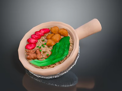 Delicious Clay Pot Rice with Tomato Slices Meatballs Green Vegetables and Meat 3d model