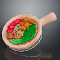 Delicious Clay Pot Rice with Tomato Slices Meatballs Green Vegetables and Meat