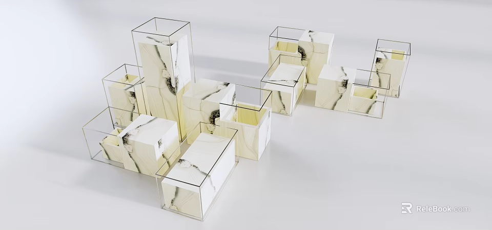 Modern Display Shelves with Transparent Glass Frames and White Marble Texture Cabinets 3d model 