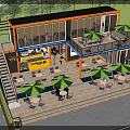 Two Story Container Cafe With Outdoor Seating Green Umbrellas Trees And Illuminated Lighting
