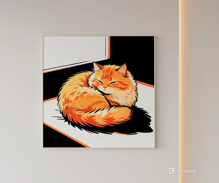Orange Cat Curled Up Sleeping Animal Painting With Black White Orange Geometric Patterns Wall Art 3d model 