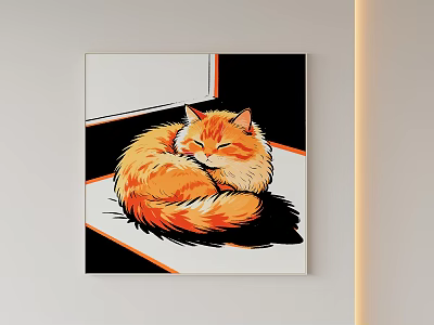 Orange Cat Curled Up Sleeping Animal Painting With Black White Orange Geometric Patterns Wall Art 3d model