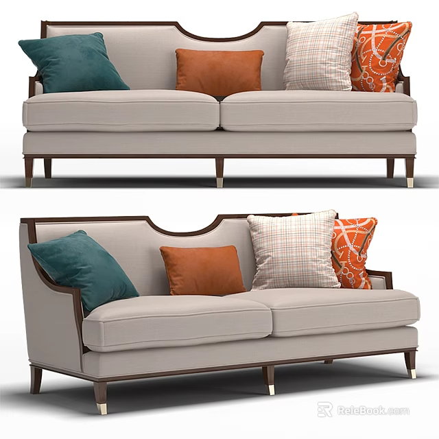 Light Colored Two Seater Sofa With Dark Wooden Frame And Colorful Decorative Pillows 3d model