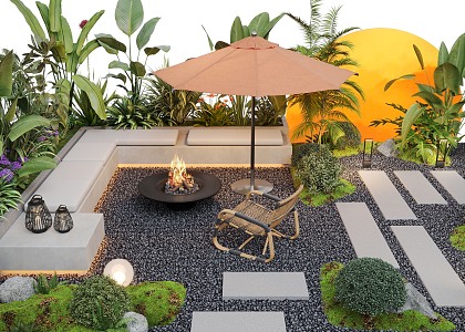 Courtyard landscape outdoor sofa flower pool landscape plants outdoor lighting 3d model