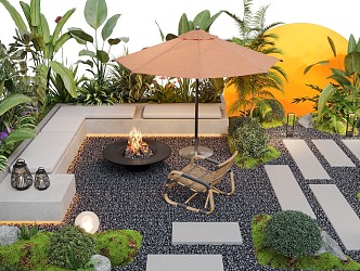 Courtyard landscape outdoor sofa flower pool landscape plants outdoor lighting 3d model