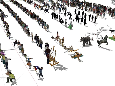 Large Group of People Engaged in Activities With Elephants Horses In Open Area 3d model